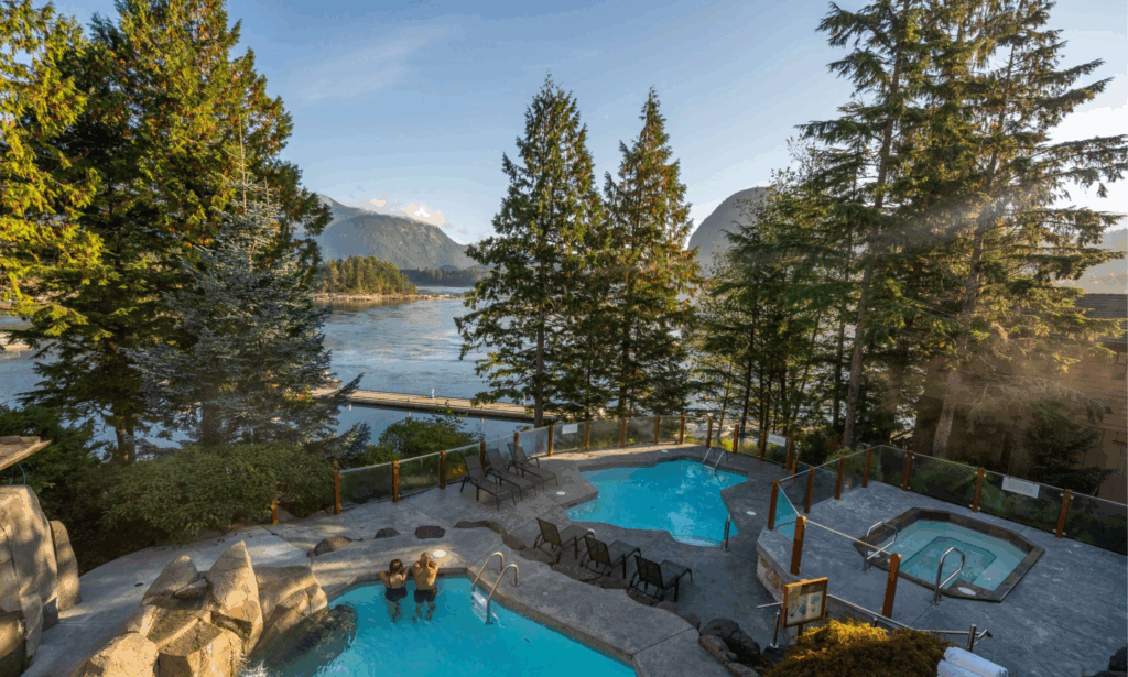 Scenic view of the mineral pools at Sonora Resort, offering a serene wellness experience surrounded by lush forest and oceanfront landscapes on the remote British Columbia coast. 