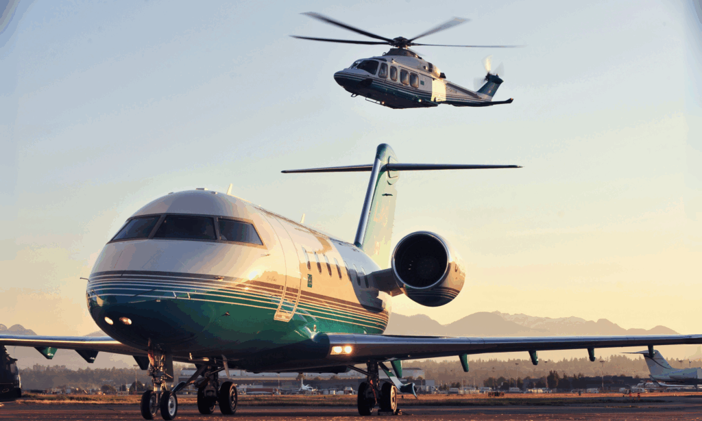 London Air Services AW139 helicopter en route to meet a private jet for seamless passenger transfer, showcasing efficient twin-engine air connectivity between remote locations and executive jet terminals in the Pacific Northwest.